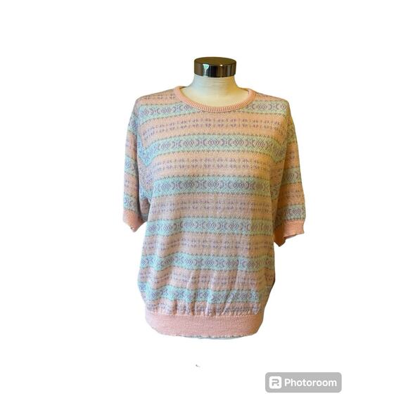 LADY DEVON Vintage Sweater Sz M Pastel Pink, Blue, Purple USA MADE Short Sleeve - Picture 1 of 9